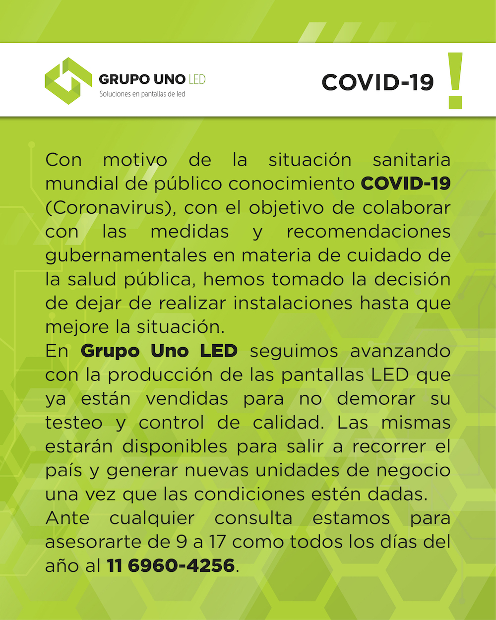 Comunicado de Grupo Uno LED. 